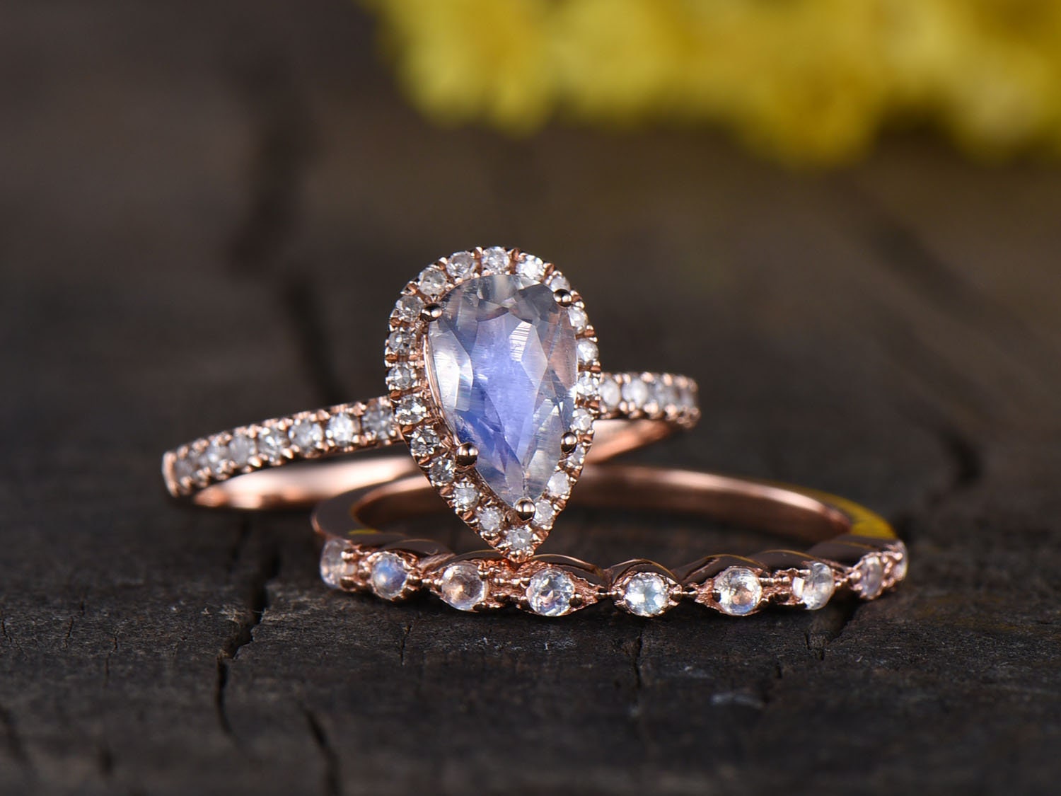 Vintage Pear Rainbow Moonstone Ring Set, 14K Rose Gold, Diamond Wedding Band