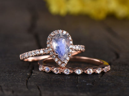 Vintage Pear Rainbow Moonstone Ring Set, 14K Rose Gold, Diamond Wedding Band