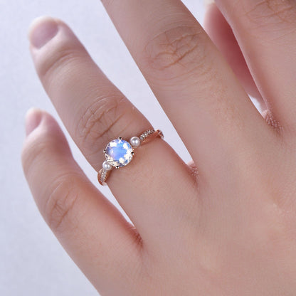 Moonstone Engagement Ring: Pearl Diamond, 14K Rose Gold Art Deco Bridal Ring