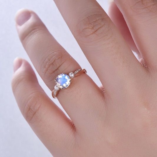 Moonstone Engagement Ring: Pearl Diamond, 14K Rose Gold Art Deco Bridal Ring