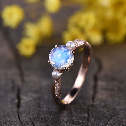 Moonstone Engagement Ring: Pearl Diamond, 14K Rose Gold Art Deco Bridal Ring