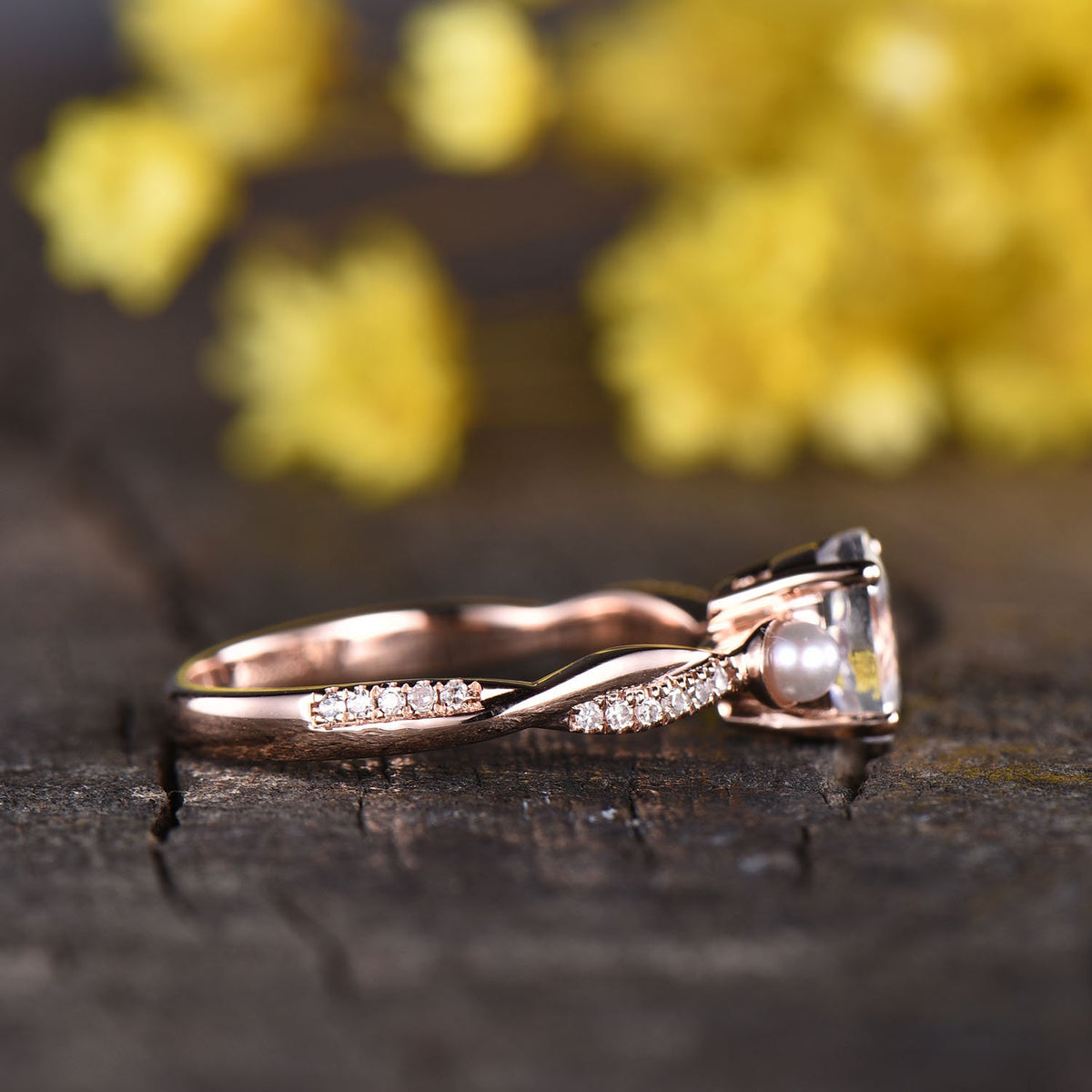 Moonstone Engagement Ring: Pearl Diamond, 14K Rose Gold Art Deco Bridal Ring