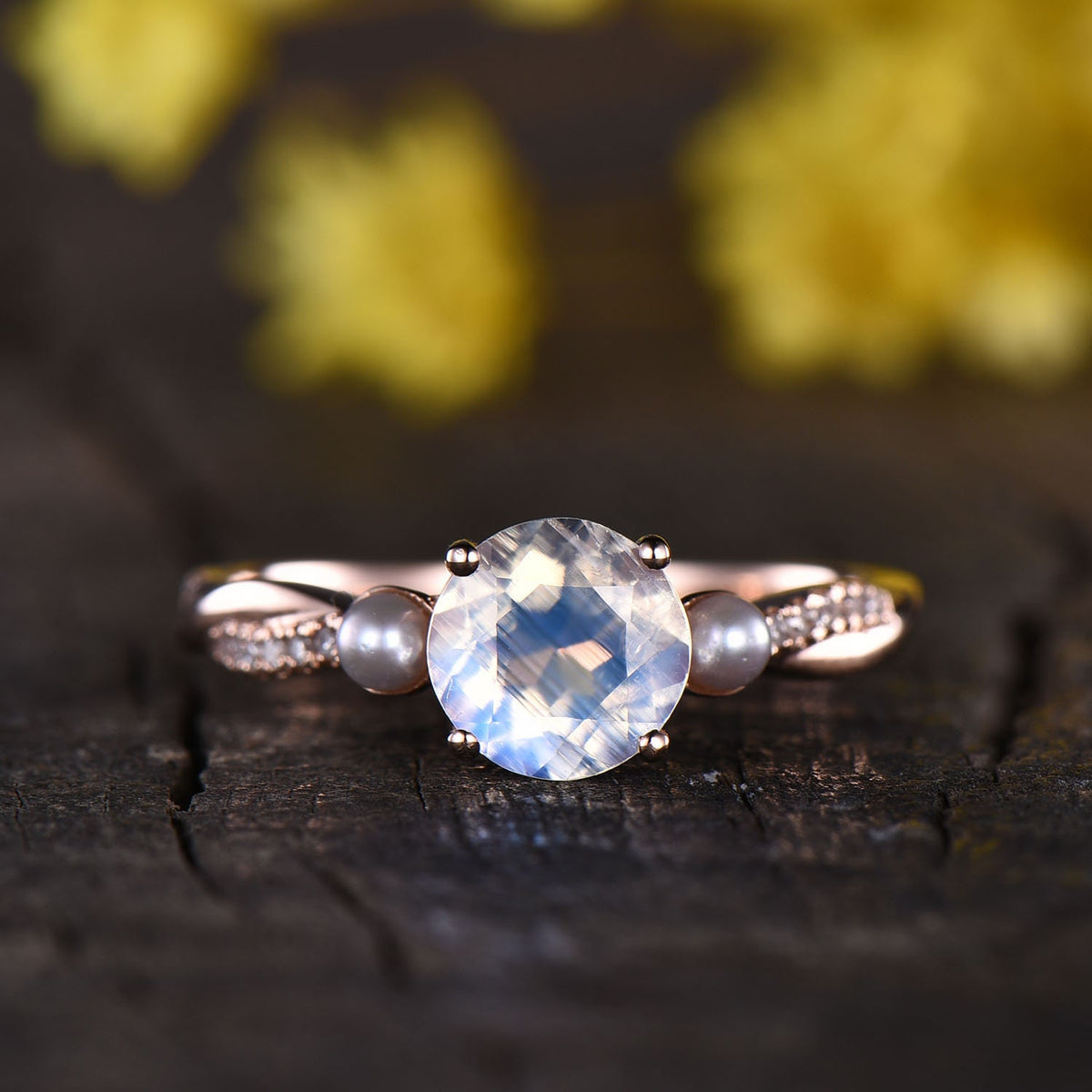 Moonstone Engagement Ring: Pearl Diamond, 14K Rose Gold Art Deco Bridal Ring