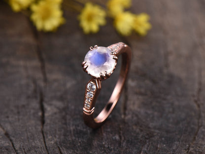 Moonstone Engagement Ring, Art Deco Diamond Band, 8-prong Set