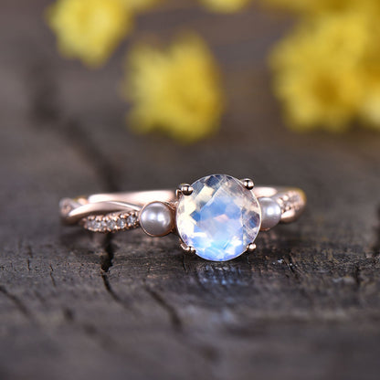Moonstone Engagement Ring: Pearl Diamond, 14K Rose Gold Art Deco Bridal Ring