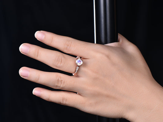 Moonstone Engagement Ring, Art Deco Diamond Band, 8-prong Set
