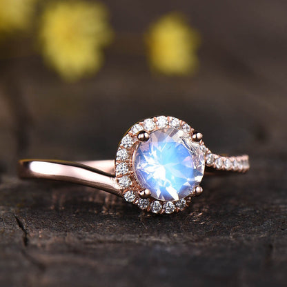 Rose Gold Moonstone Engagement Ring, Diamond Halo, Unique Promise Ring