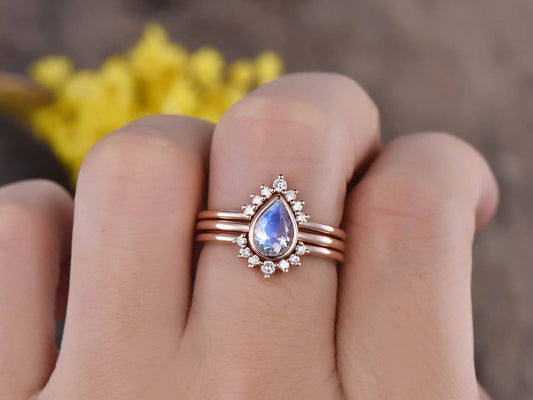 Pear Moonstone Engagement Ring Set, Vintage Diamond Bridal Set, 14K Rose Gold