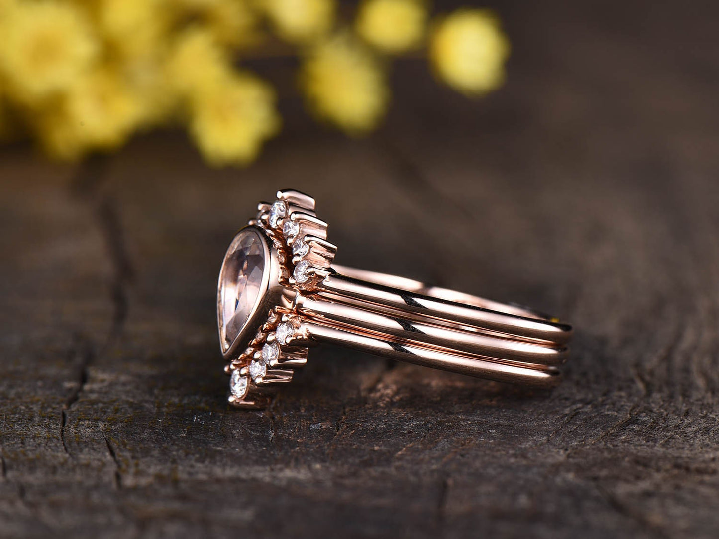 Pear Moonstone Engagement Ring Set, Vintage Diamond Bridal Set, 14K Rose Gold