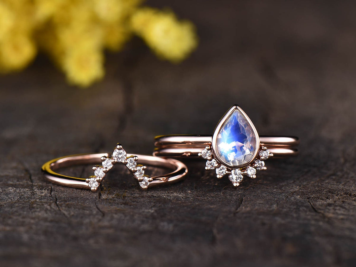 Pear Moonstone Engagement Ring Set, Vintage Diamond Bridal Set, 14K Rose Gold