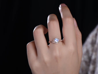 Rose Gold Moonstone Engagement Ring, Diamond Halo, Unique Promise Ring