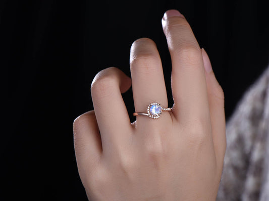 Rose Gold Moonstone Engagement Ring, Diamond Halo, Unique Promise Ring