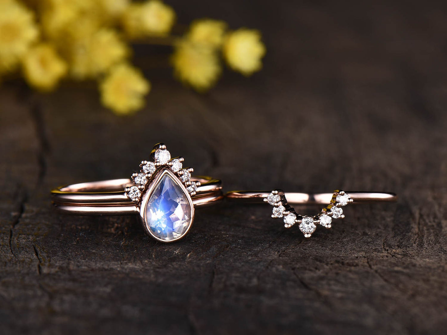 Pear Moonstone Engagement Ring Set, Vintage Diamond Bridal Set, 14K Rose Gold