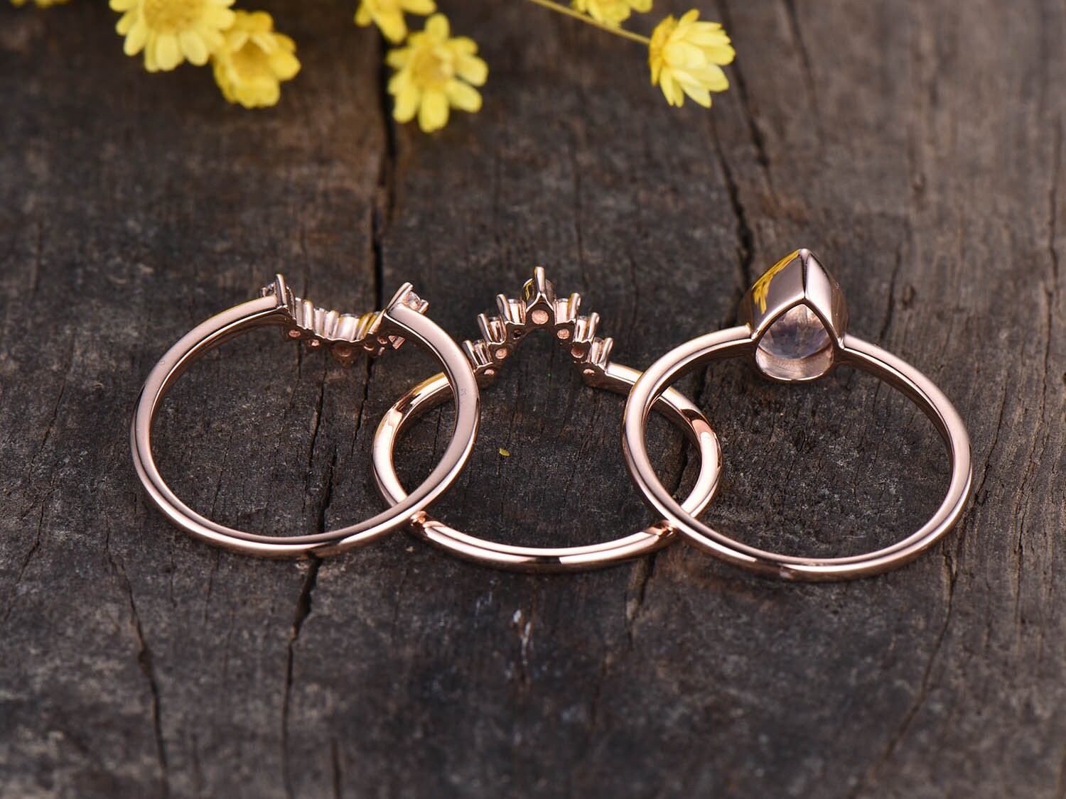 Pear Moonstone Engagement Ring Set, Vintage Diamond Bridal Set, 14K Rose Gold