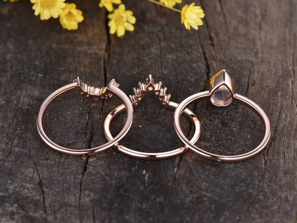 Pear Moonstone Engagement Ring Set, Vintage Diamond Bridal Set, 14K Rose Gold
