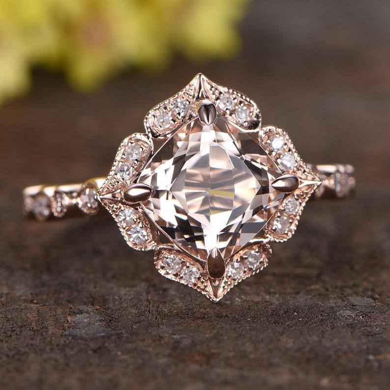 Cushion Morganite Engagement Ring Set, Rose Gold Diamond Wedding Band, Art Deco Bridal Jewelry