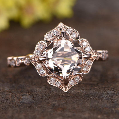 Cushion Morganite Engagement Ring Set, Rose Gold Diamond Wedding Band, Art Deco Bridal Jewelry