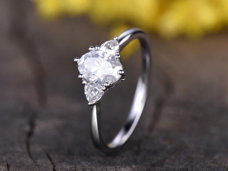 Oval Moissanite Engagement Ring, Trillion Accent, 14K White Gold