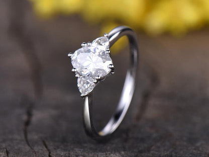 Oval Moissanite Engagement Ring, Trillion Accent, 14K White Gold