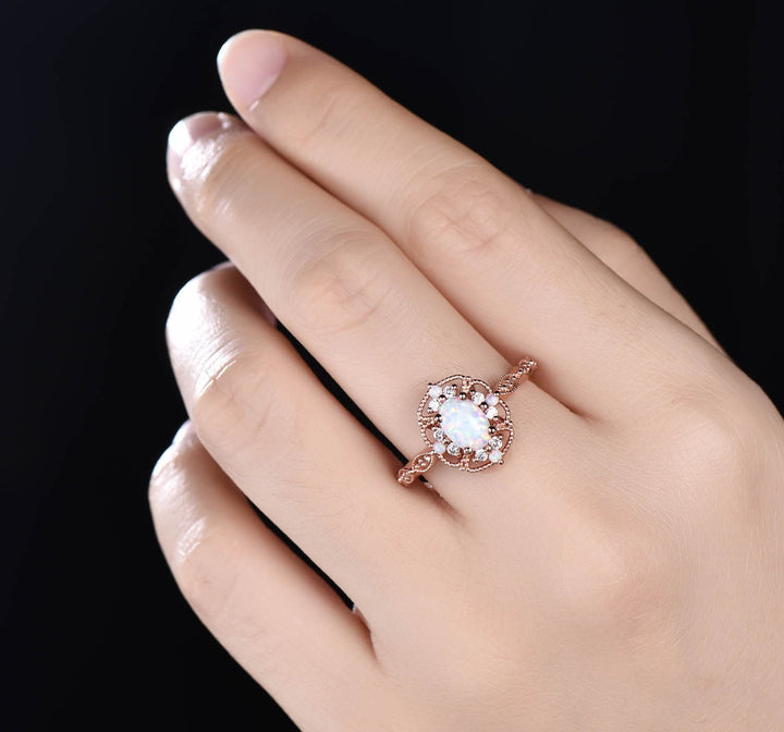 Vintage Filigree White Fire Opal Engagement Ring, 14K Rose Gold Antique Art Deco Cluster Ring