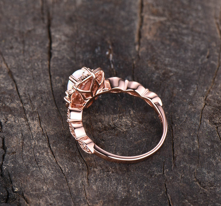 Vintage Filigree White Fire Opal Engagement Ring, 14K Rose Gold Antique Art Deco Cluster Ring