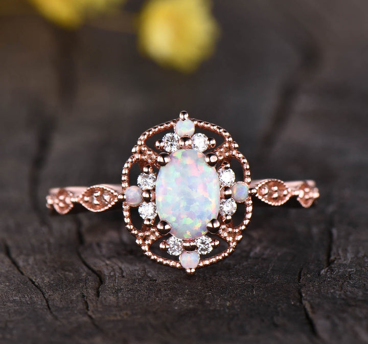 Vintage Filigree White Fire Opal Engagement Ring, 14K Rose Gold Antique Art Deco Cluster Ring