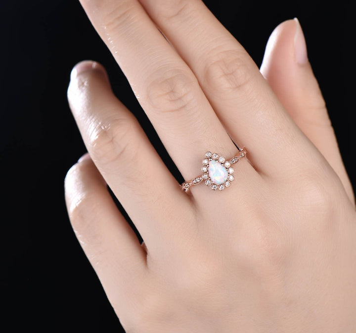 Vintage Style Opal Ring, Rose Gold Flower Diamond Halo, Art Deco Promise Ring