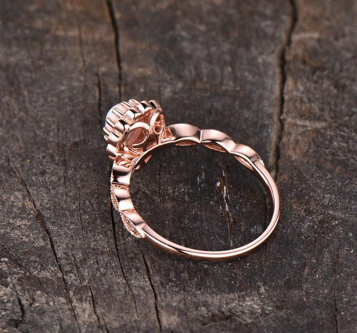 Vintage Style Opal Ring, Rose Gold Flower Diamond Halo, Art Deco Promise Ring