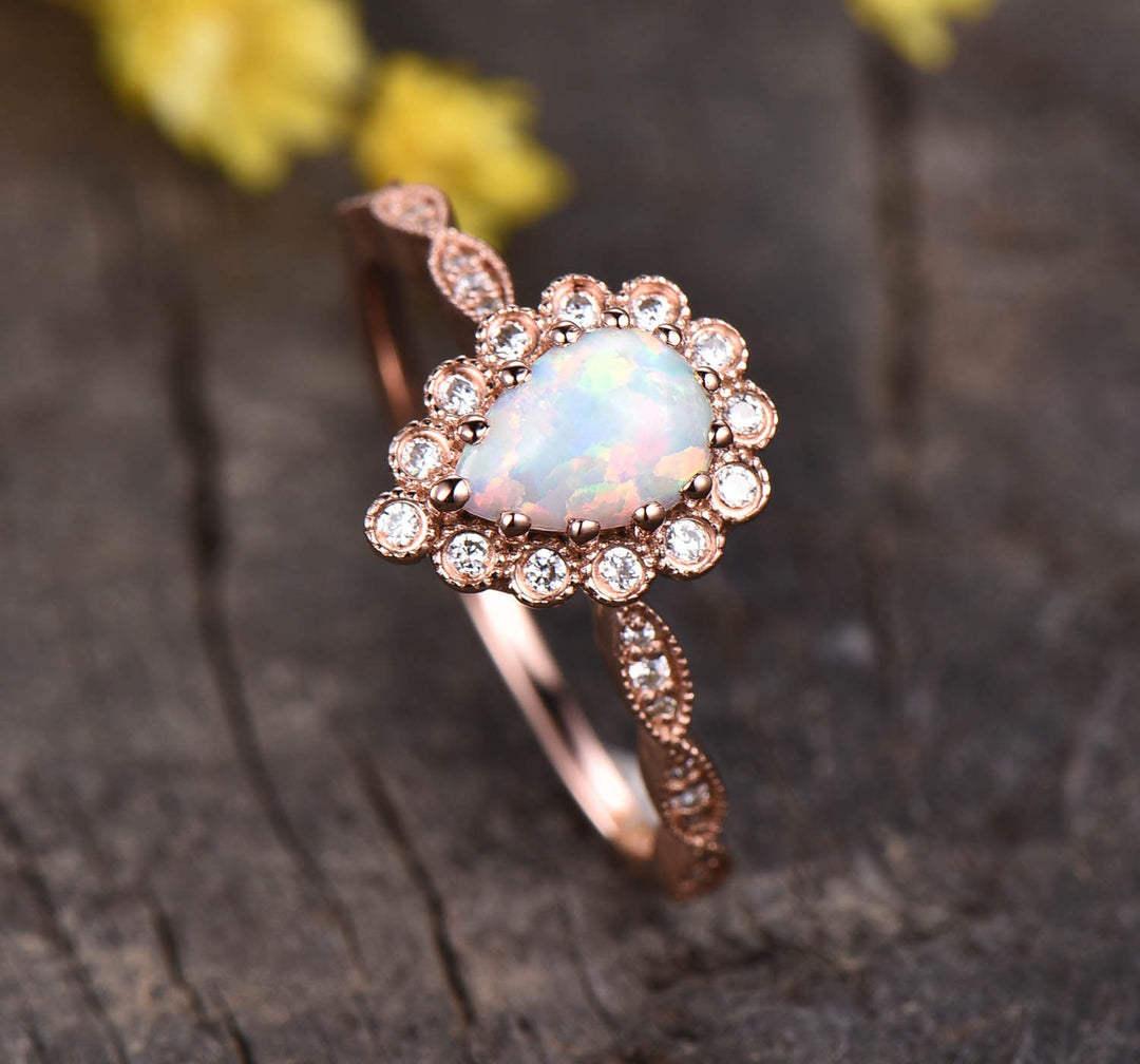 Vintage Style Opal Ring, Rose Gold Flower Diamond Halo, Art Deco Promise Ring