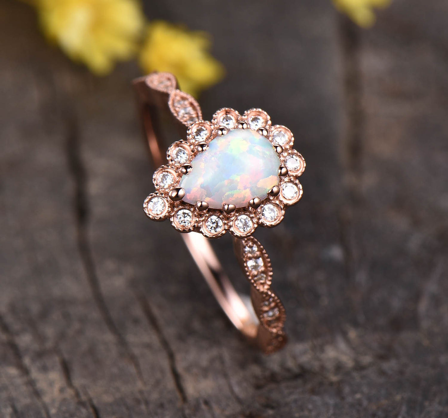 Vintage Style Opal Ring, Rose Gold Flower Diamond Halo, Art Deco Promise Ring