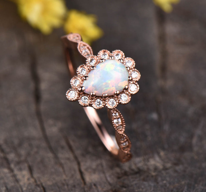 Vintage Style Opal Ring, Rose Gold Flower Diamond Halo, Art Deco Promise Ring