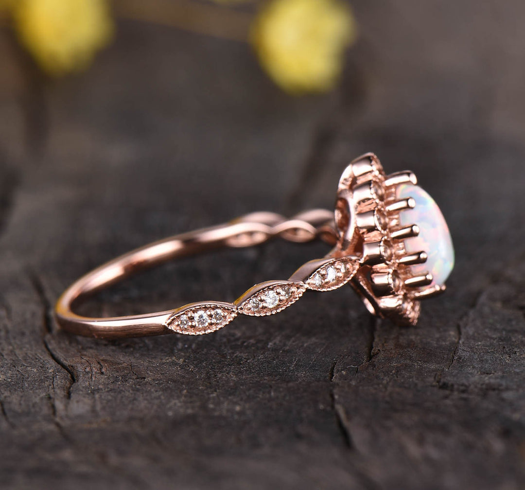 Vintage Style Opal Ring, Rose Gold Flower Diamond Halo, Art Deco Promise Ring