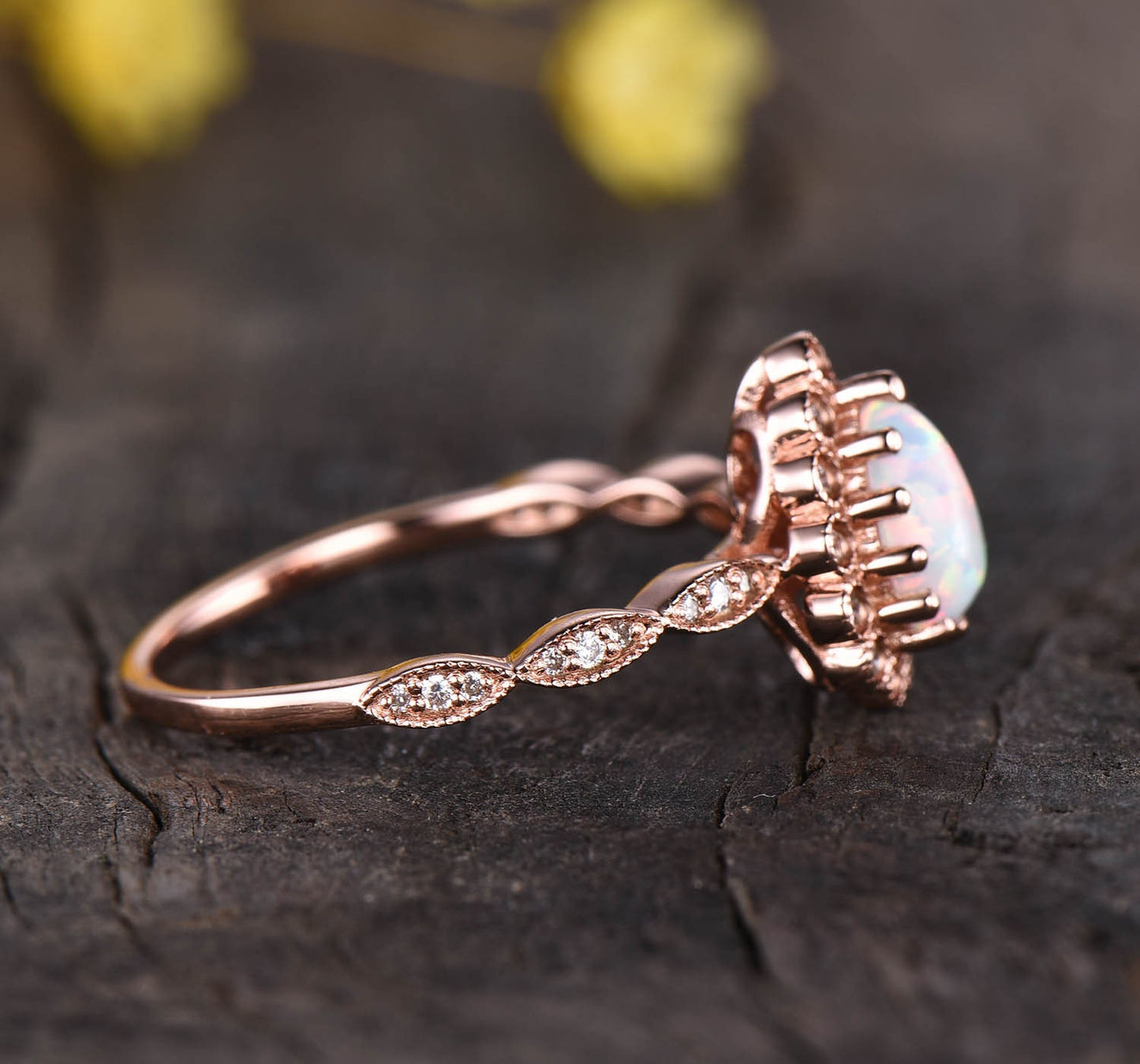 Vintage Style Opal Ring, Rose Gold Flower Diamond Halo, Art Deco Promise Ring