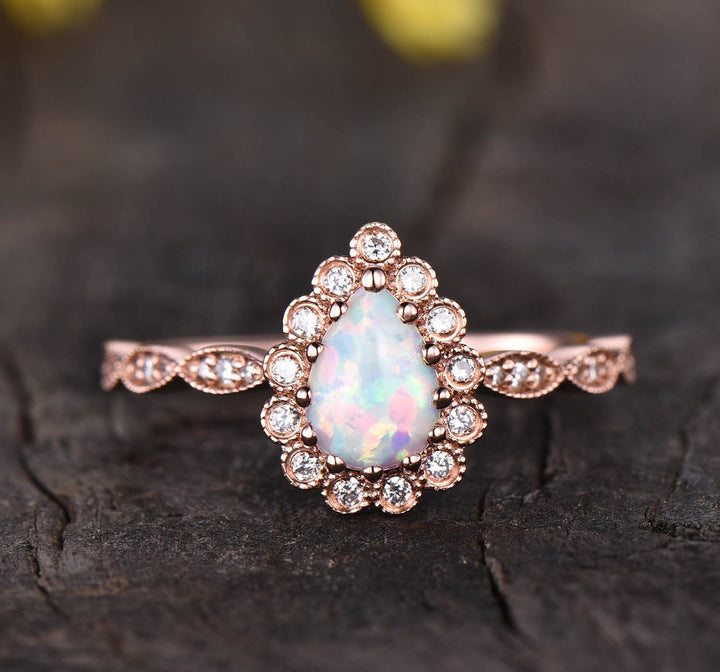 Vintage Style Opal Ring, Rose Gold Flower Diamond Halo, Art Deco Promise Ring