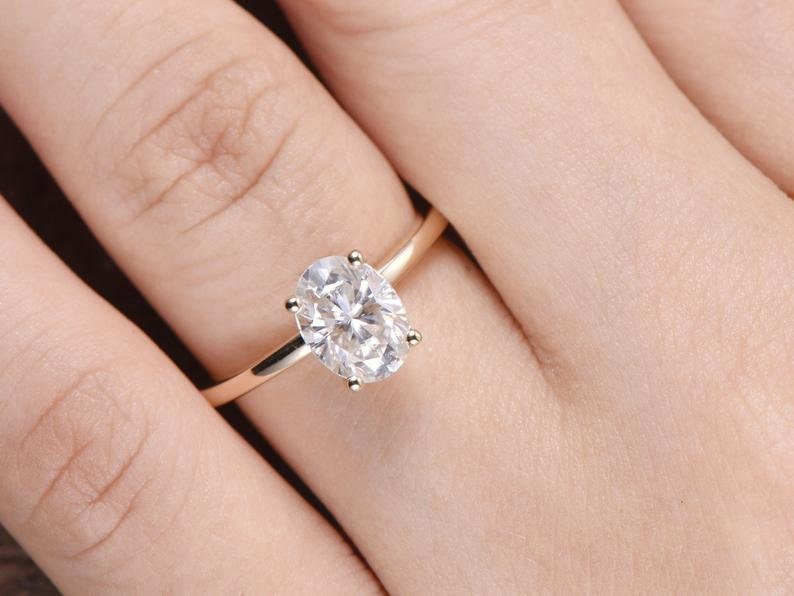 Vintage 14K Gold Oval Grown Diamond Engagement Ring Set: Marquise Wedding Band