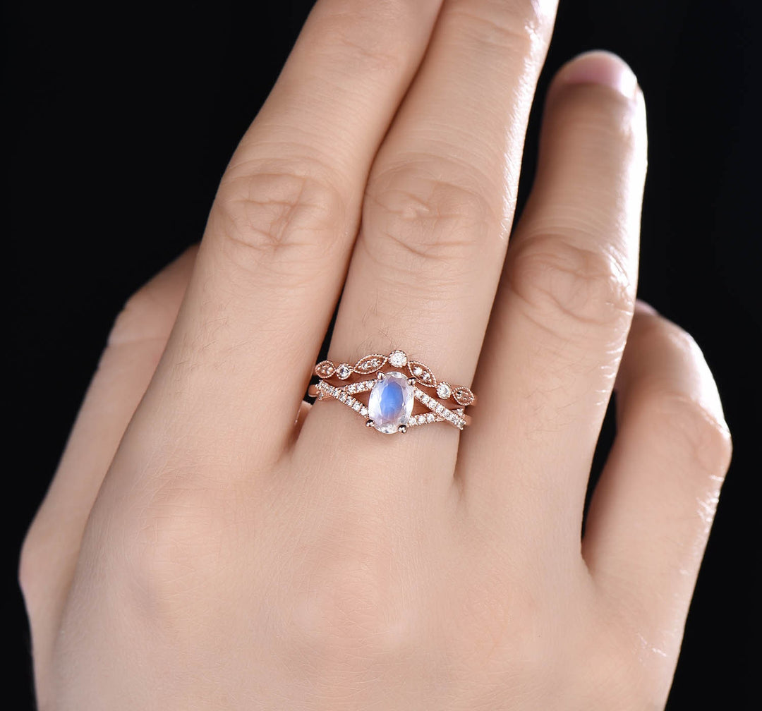 Oval Moonstone Engagement Ring Set: Vintage Art Deco Silver Bridal Set