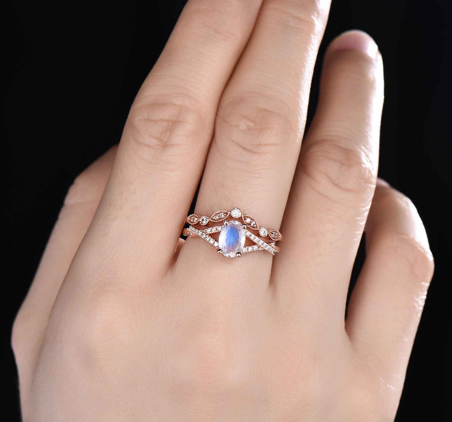 Oval Moonstone Engagement Ring Set: Vintage Art Deco Silver Bridal Set