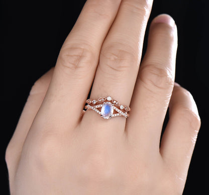 Oval Moonstone Engagement Ring Set: Vintage Art Deco Silver Bridal Set