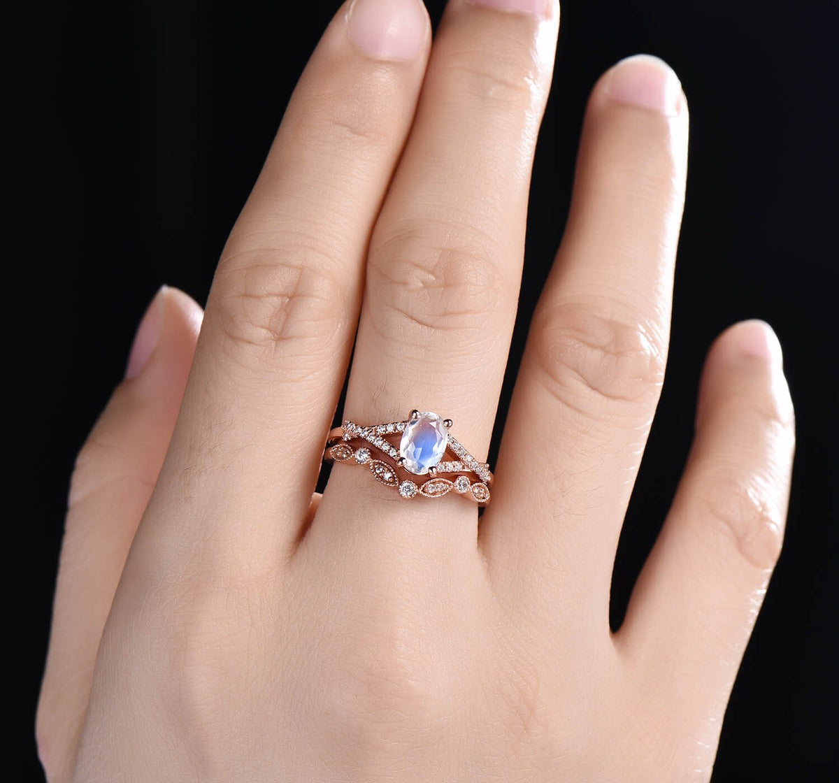 Oval Moonstone Engagement Ring Set: Vintage Art Deco Silver Bridal Set