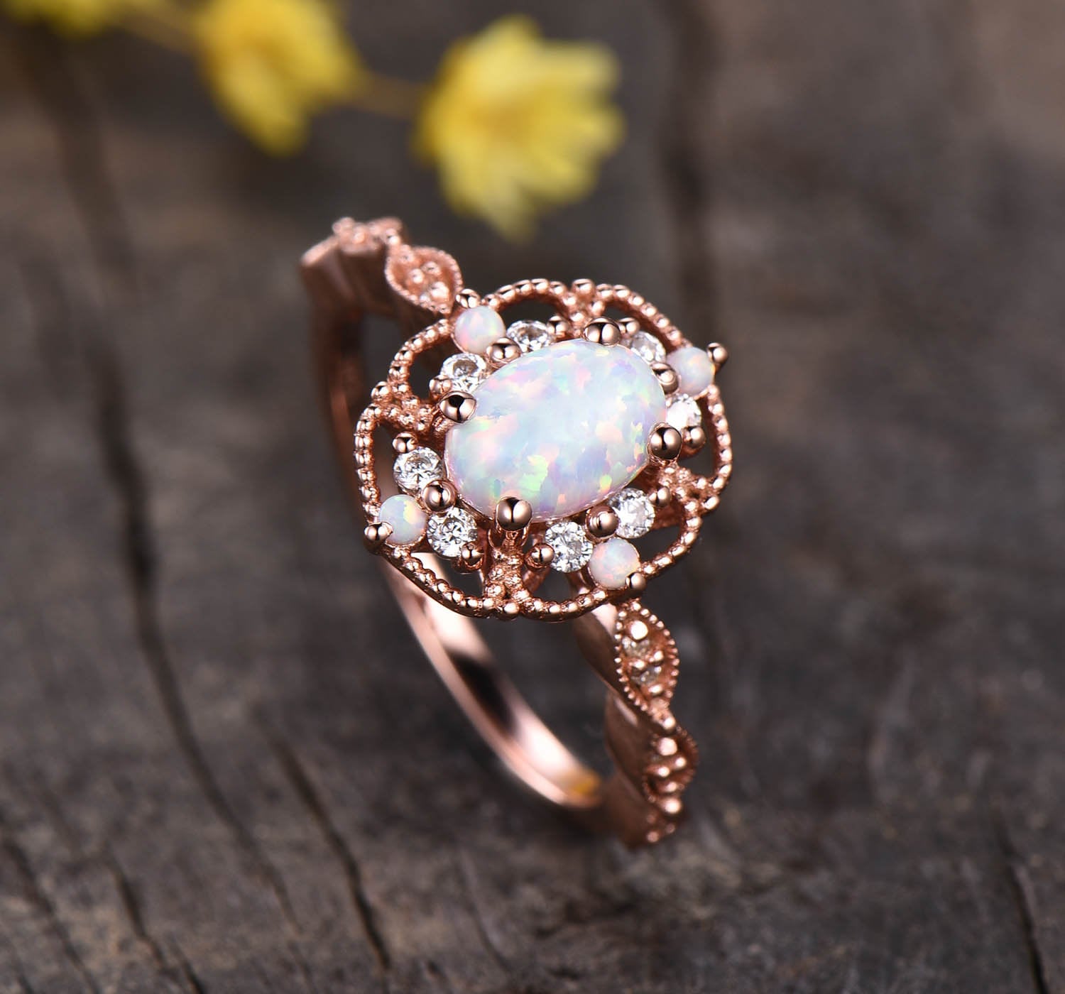 Vintage Filigree White Fire Opal Engagement Ring, 14K Rose Gold Antique Art Deco Cluster Ring