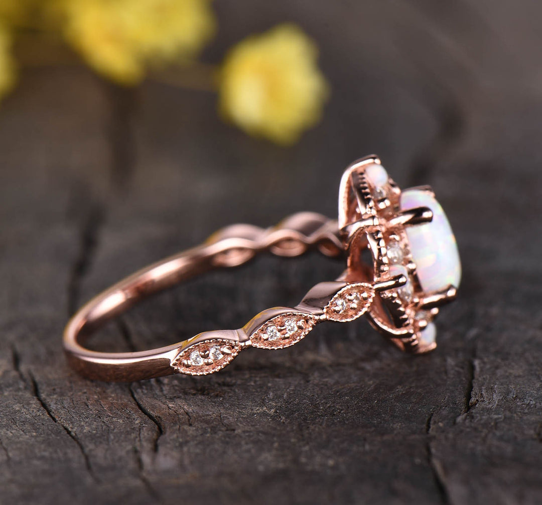 Vintage Filigree White Fire Opal Engagement Ring, 14K Rose Gold Antique Art Deco Cluster Ring