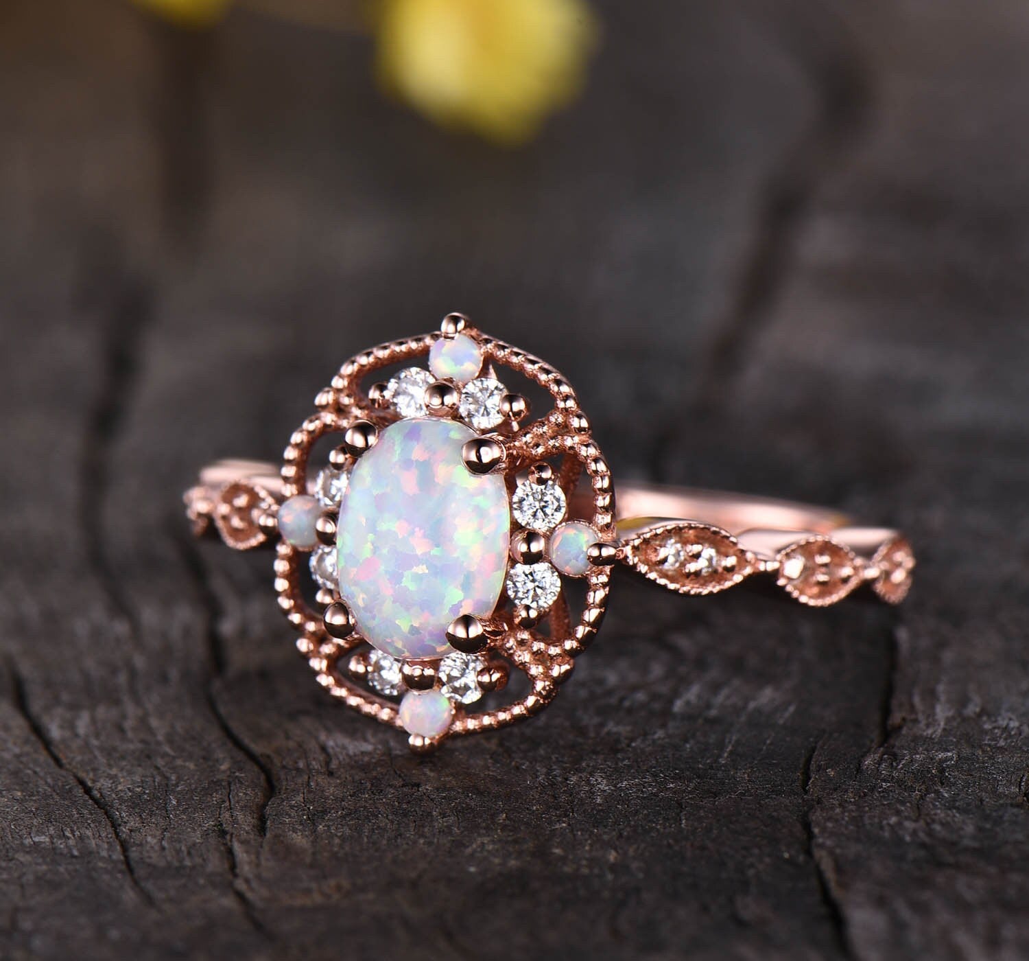 Vintage Filigree White Fire Opal Engagement Ring, 14K Rose Gold Antique Art Deco Cluster Ring