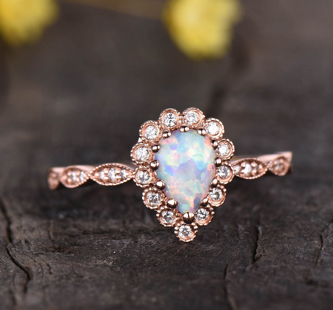 Vintage Style Opal Ring, Rose Gold Flower Diamond Halo, Art Deco Promise Ring