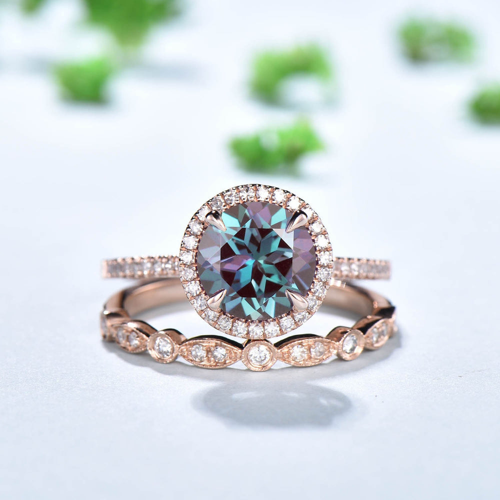 Antique Art Deco Alexandrite Engagement Ring Set, Moissanite Diamond Halo - PENFINE