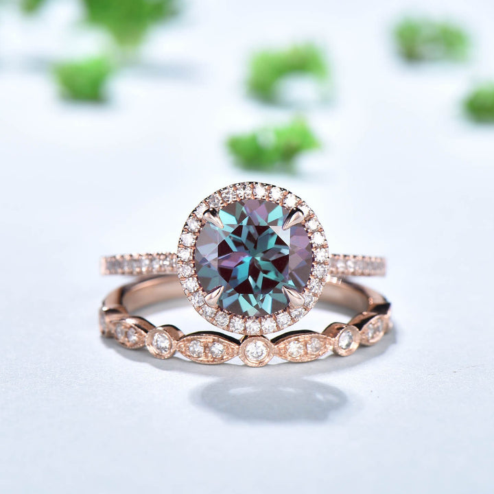 Antique Art Deco Alexandrite Engagement Ring Set, Moissanite Diamond Halo - PENFINE