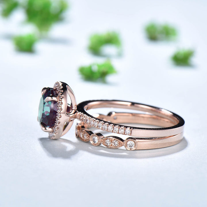 Antique Art Deco Alexandrite Engagement Ring Set, Moissanite Diamond Halo - PENFINE