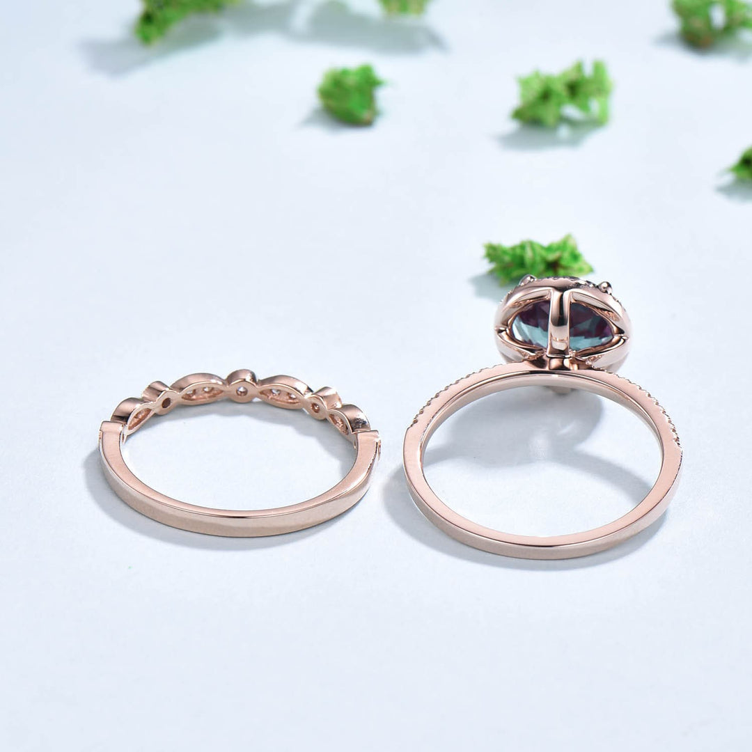 Antique Art Deco Alexandrite Engagement Ring Set, Moissanite Diamond Halo - PENFINE