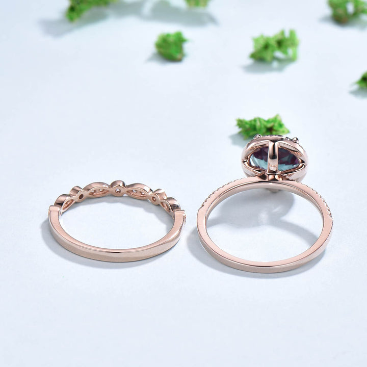 Antique Art Deco Alexandrite Engagement Ring Set, Moissanite Diamond Halo - PENFINE