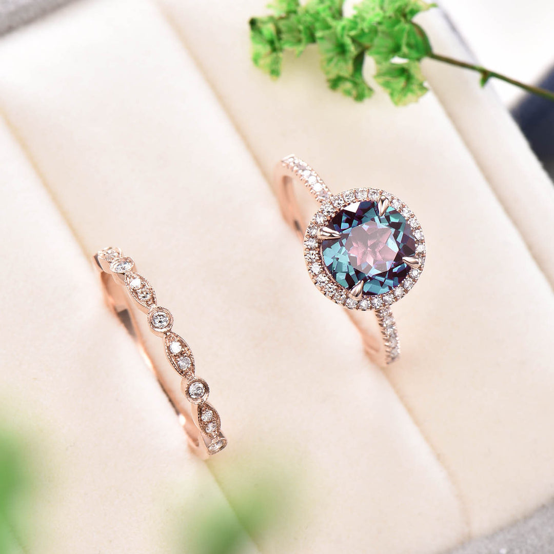 Antique Art Deco Alexandrite Engagement Ring Set, Moissanite Diamond Halo - PENFINE
