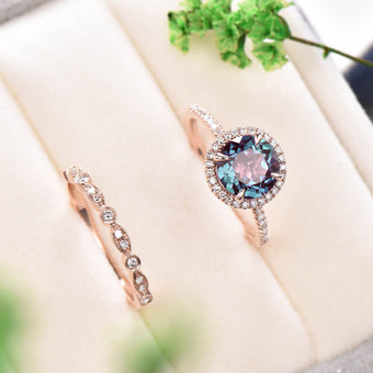 Antique Art Deco Alexandrite Engagement Ring Set, Moissanite Diamond Halo - PENFINE